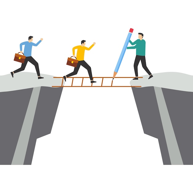 Boss draws path to help employee cross obstacles Vector illustration in flat style