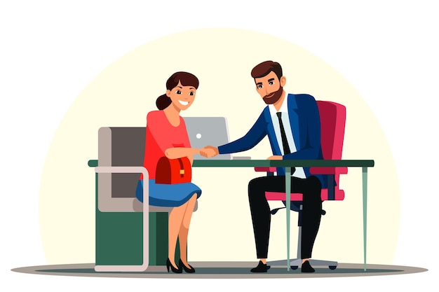 Boss hiring job seeker after successful job interview. Employer handshaking woman newcomer employee. Hr top manager, recruiter and vacancy candidate worker conversation. Good impression