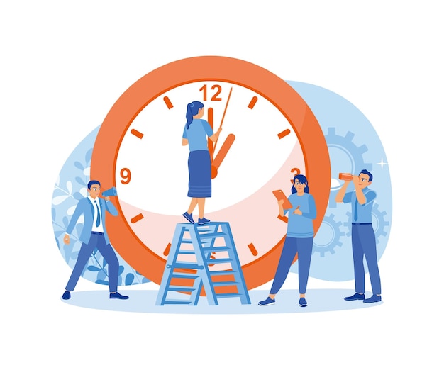 Vector the boss makes an announcement using a megaphone employees complete work according to deadlines time management concept flat vector illustration