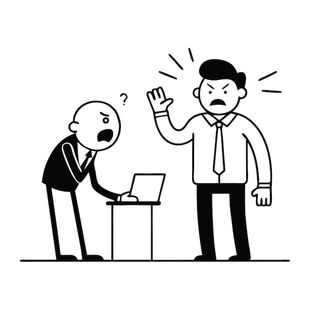 Vector boss shouting to employee because she mistake working black doodle line art flat vector illustration on white background