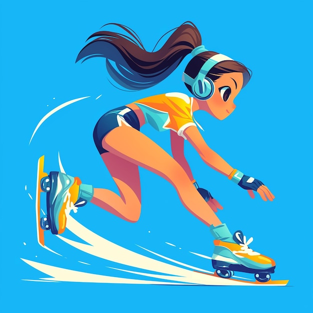 A Boston girl ice skates in cartoon style