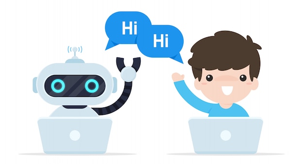 Bot chat say hi. Robots that are programmed to talk to customers online.