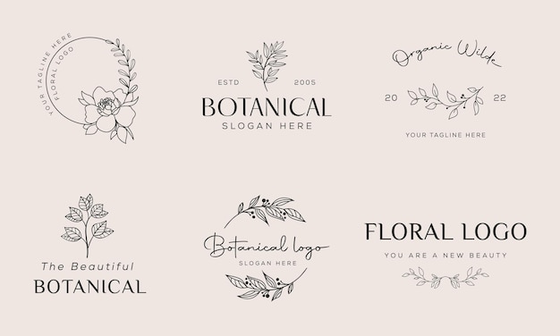 Botanical Floral element Hand Drawn Logo with Wild Flower Leaves Logo for feminine and cosmetic