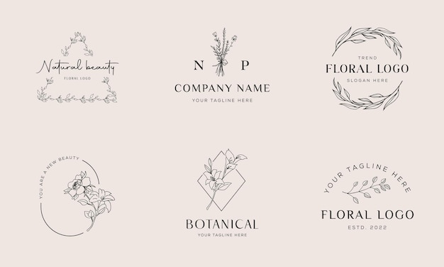 Botanical Floral element Hand Drawn Logo with Wild Flower Leaves Logo for feminine and cosmetic