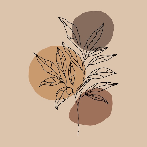 Botanical floristic sketch contour branches with leaves Vector isolated minimalistic branch on a background of jagged colored circles spots