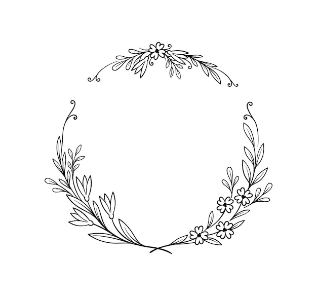 Botanical frame line concept Empty space for text Round circular wreath with branches and leaves Graphic element for website Linear flat vector illustration isolated on white background