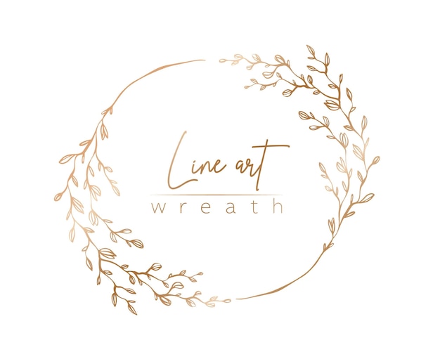 Botanical gold line illustration of leaves and branch wreath for wedding invitation and cards logo