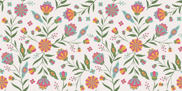 Botanical graphic folk art floral  seamless pattern