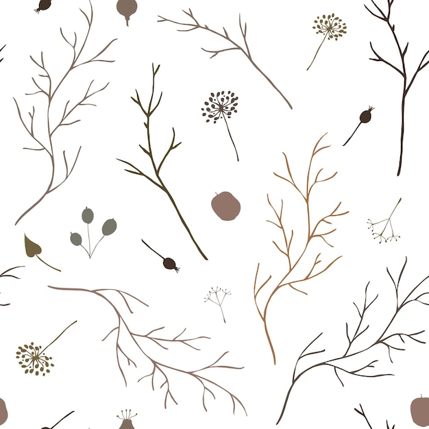 Botanical hand drawn brown branches seamless pattern