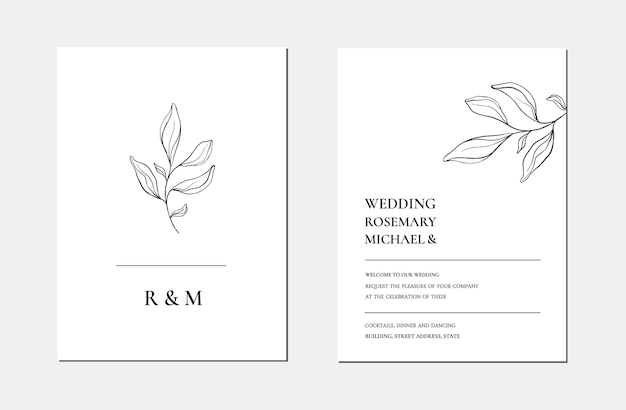 Vector botanical line art minimalist floral wedding invitation card template. hand drawn black leaves sketch. vector illustration wedding layout design