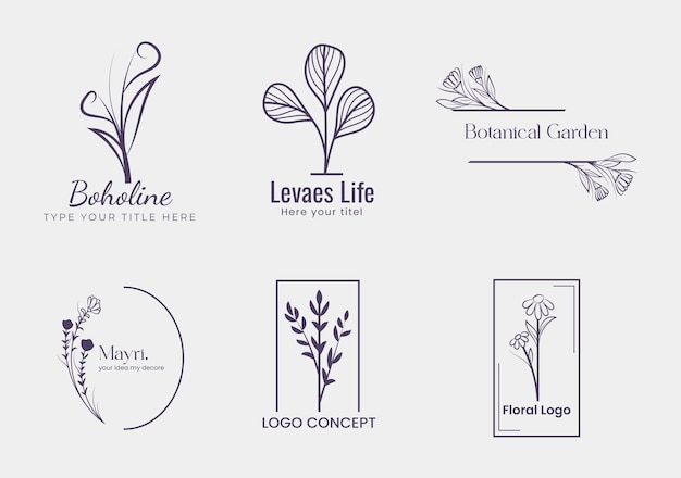 Vector botanical minimalist simple and modern feminine floral line art logo editable template set