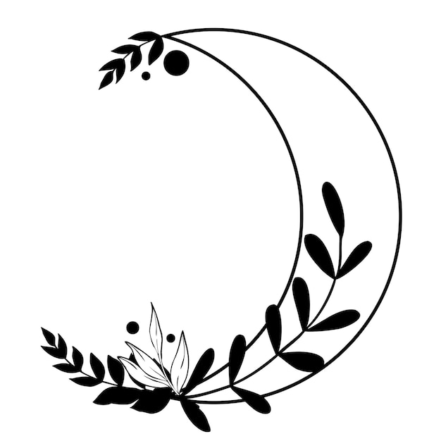 Vector botanical moon vector illustration drawing of floral luna with leaves hand drawn celestial wreath round frame border with space and plants in linear style painted by black inks lunar phase