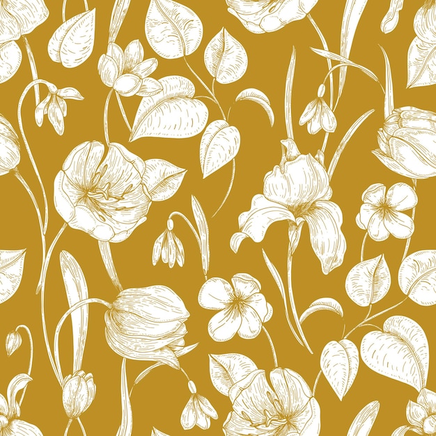 Botanical seamless pattern with spring blooming garden flowers hand drawn with contour lines on yellow background.