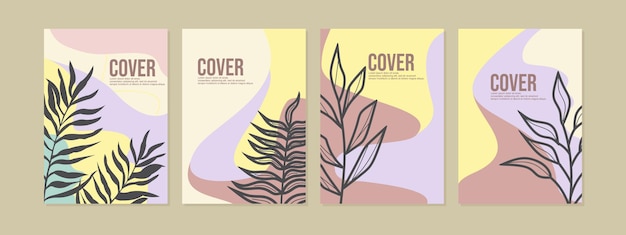 botanical style modern book cover design set. abstract background with silhouette leaves.A4 cover