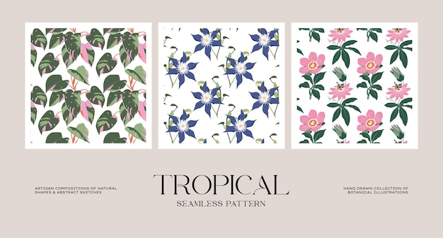 Vector botanical and tropical flowers seamless pattern collection for wrapping paper or packaging design