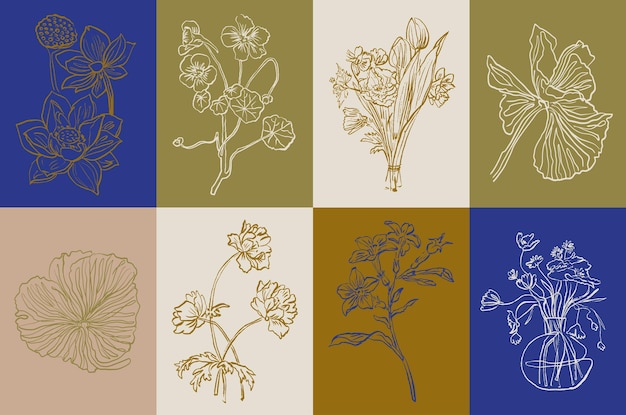 Botanical vector illustration set for postcards or wall art or banner or background and branding