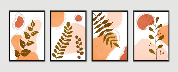 Botanical wall art set. minimal and natural wall art. boho foliage line art drawing with abstract shape.