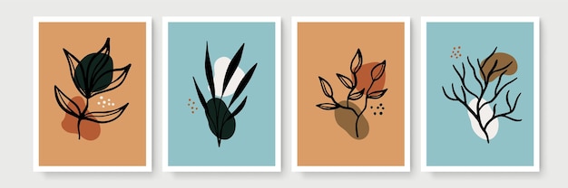 Botanical wall art vector set. Earth tone boho foliage line art drawing with abstract shape. Abstract Plant Art design for print, cover, wallpaper, Minimal and natural wall art