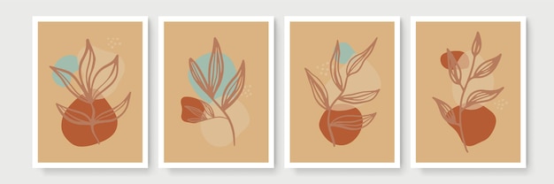 Botanical wall art vector set. Earth tone boho foliage line art drawing with abstract shape. Abstract Plant Art design for print, cover, wallpaper, Minimal and natural wall art