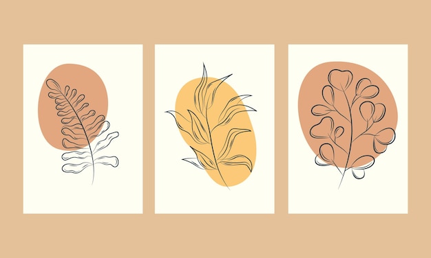 Botanical wall art vector set Earth tone boho foliage line art drawing with abstract shape