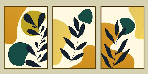 Botanical wall art vector set. Foliage line art drawing with silhouette style. Abstract Plant Art