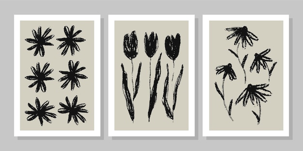 Botanical wall art vector set. Minimal and natural wall art. Foliage brush texture drawing. Vector