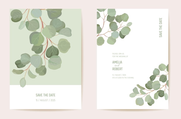 Botanical wedding invitation card template design, tropical leaves greenery frame set. Eucalyptus, green leaf branches watercolor minimal vector. Save the Date modern poster, trendy luxury background