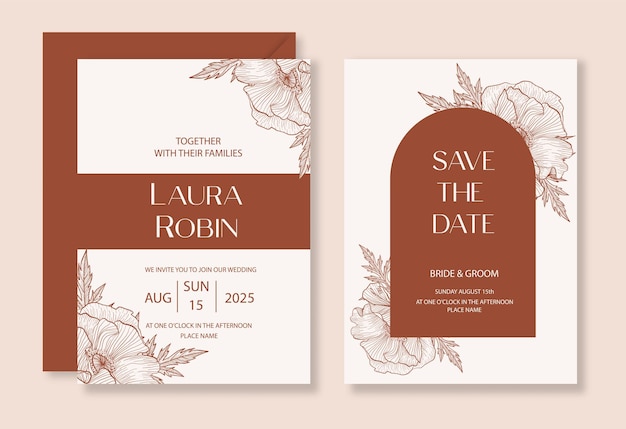 Botanical wedding invitation template set with sketch drawn poppy flower and arch for party greeting card