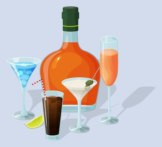 A bottle of alcohol and various cocktails on a light blue background Alcoholic beverages