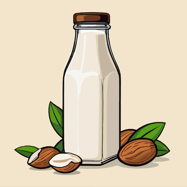 Vector a bottle of almond milk with almonds illustration cartoon drawing artwork vector