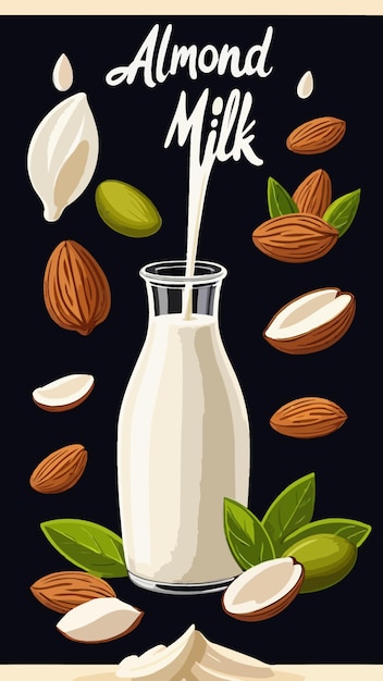 Vector a bottle of almond milk with almonds illustration cartoon drawing artwork vector