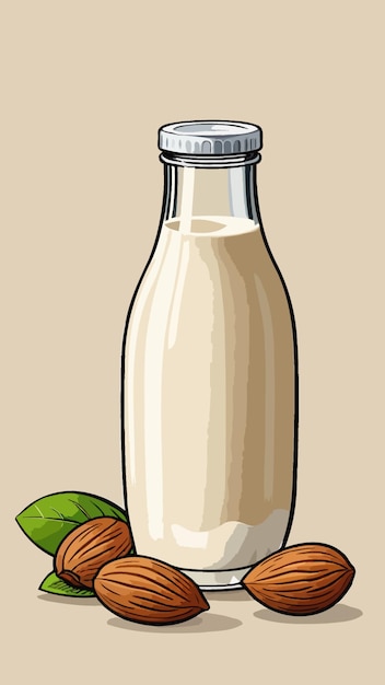 a bottle of almond milk with almonds illustration cartoon drawing artwork vector