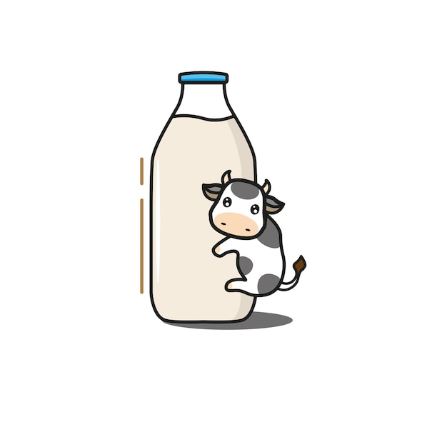 a bottle of cow's milk being hugged by a cute cow