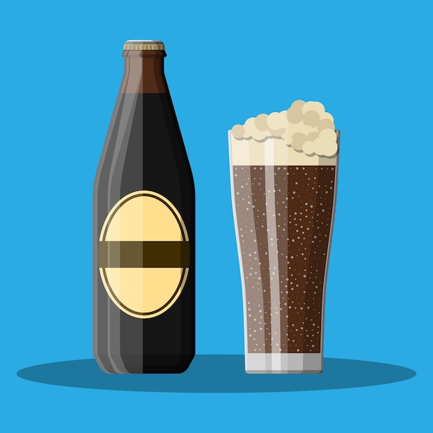 Vector bottle of dark stout beer with glass