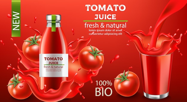 Bottle of fresh and natural bio juice submerged in flowing liquid and tomatoes with a cup of splashing fluid. Place for text. Realistic 