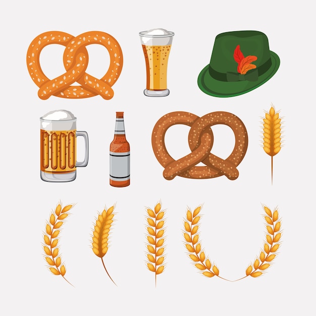 bottle glass beer pretzel hat traditional icon