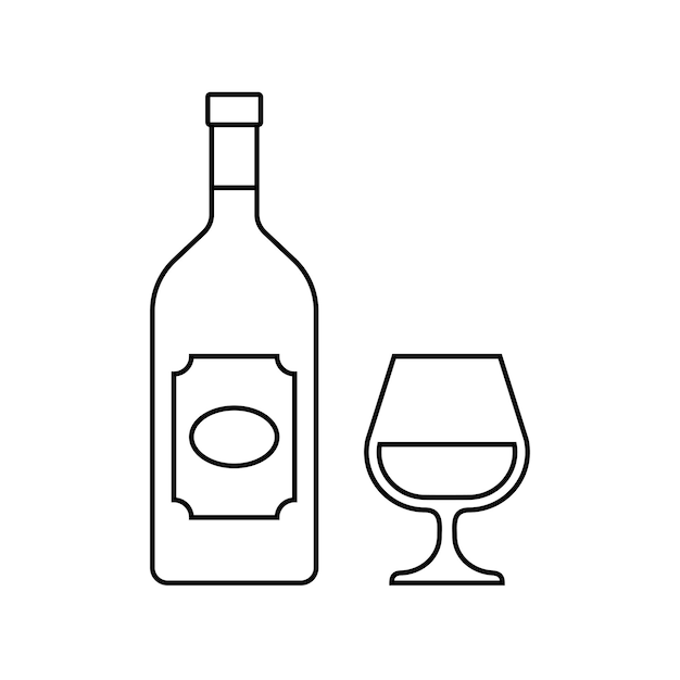 Bottle and glass of brandy Outline icons of alcohol beverage Vector illustration