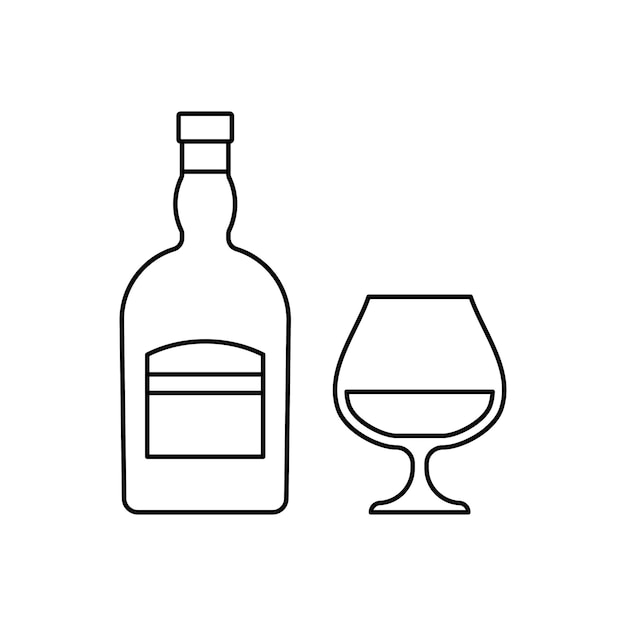 Bottle and glass of cognac Outline icons of alcohol beverage Vector illustration