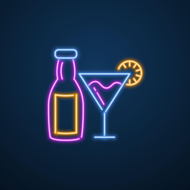 Bottle and glass neon sign vector