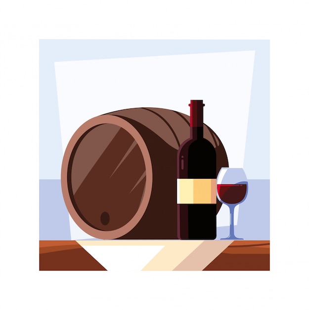 Bottle and glass of wine with barrel