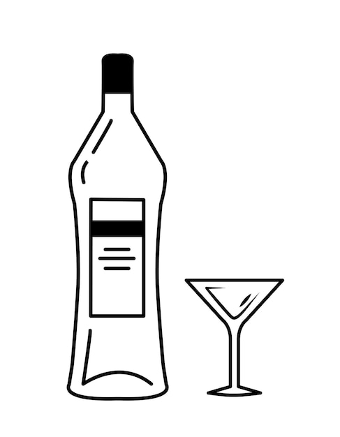 Bottle and glass with martini in hand drawn style.