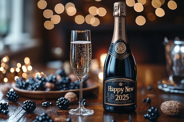 a bottle of happy new year is next to a glass of champagne