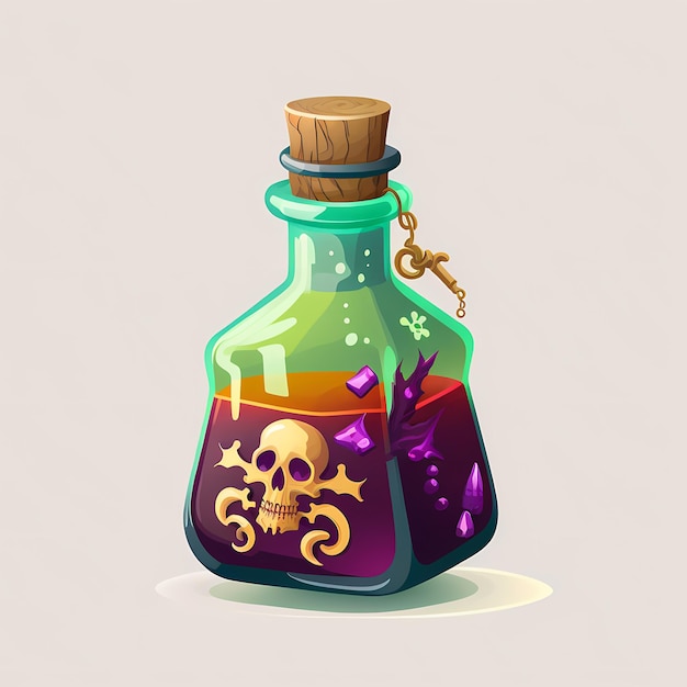 A bottle of liquid with a skull and cross bones inside.