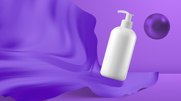 A bottle of lotion sits on a purple background.