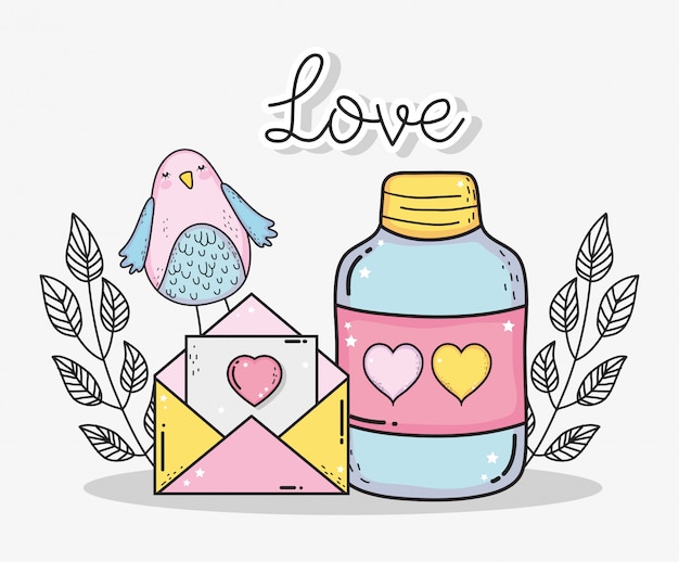 Bottle love pills with love card and bird