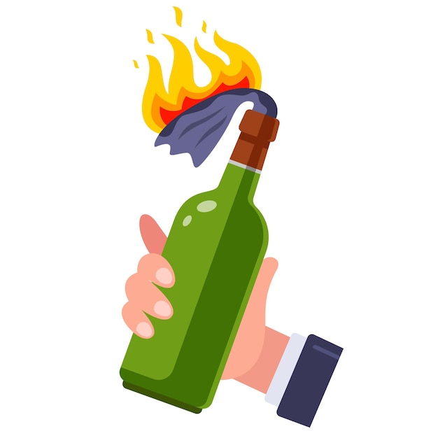 Bottle of molotov cocktail in a man's hand. flat vector illustration.