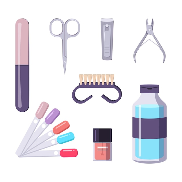 A bottle of nail polish. Manicure tools. Beauty salon icons. Vector flat illustration.