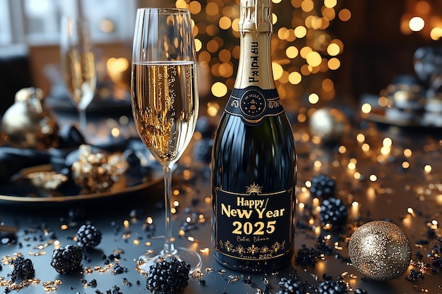 a bottle of new year is next to a glass of champagne