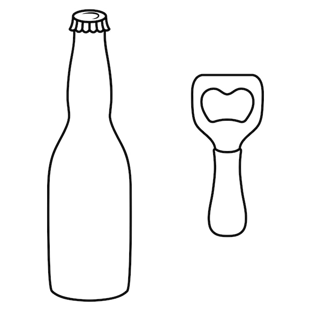 Vector bottle opener and metal capped beer bottle set in doodle style