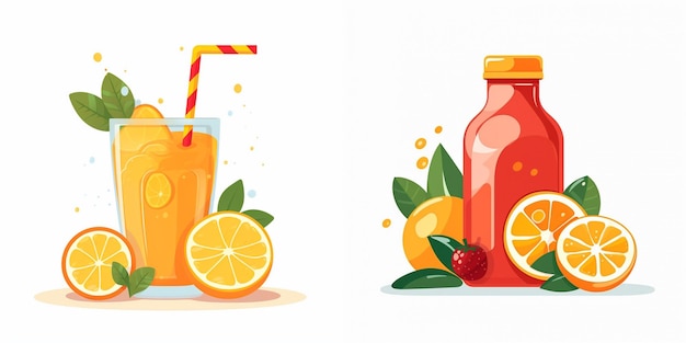 Vector a bottle of orange juice next to a bottle of orange juice and a straw